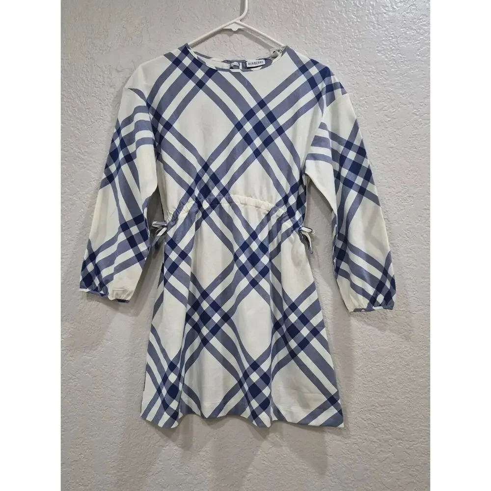 NWT Burberry Girls Blue Plaid Long Sleeve Drawstring Waist Dress 10Y 10